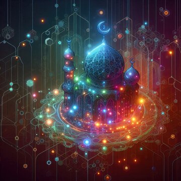 illustration of glowing liquid substance in hologram spectral color palette makes Ramadan card 3d . Generative Art