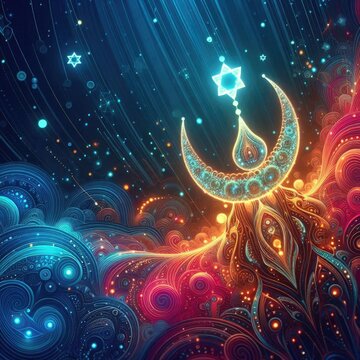 illustration of glowing liquid substance in hologram spectral color palette makes Ramadan card 3d . Generative Art