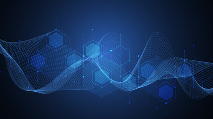 Fototapete - Technology abstract background with cubes, lines, dots and hexagons. Hexagonal digital concept for poster, banner, header, footer, presentation, Innovation pattern. Vector illustration.