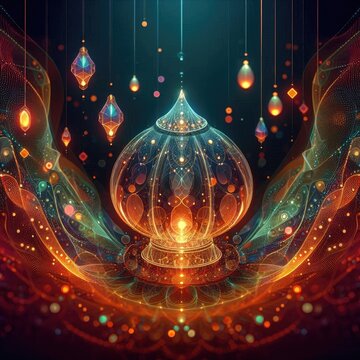 illustration of glowing liquid substance in hologram spectral color palette makes Ramadan card 3d . Generative Art
