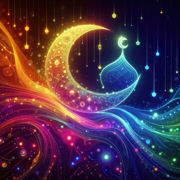 illustration of glowing liquid substance in hologram spectral color palette makes Ramadan card 3d . Generative Art