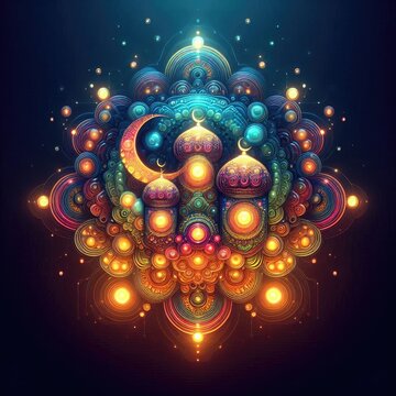 illustration of glowing liquid substance in hologram spectral color palette makes Ramadan card 3d . Generative Art