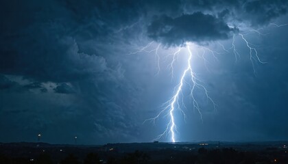 Poster - Dramatic strikes dark sky. Lightning flashes over city silhouette. Stormy weather with power electricity, danger. Night thunderstorm with intense energy, climate change and meteorology themes.