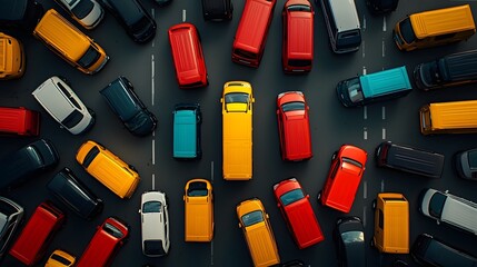 Poster - Aerial perspective capturing the synchronized maneuvers of a choreographed fleet of delivery vans within a bustling logistics hub showcasing the vibrant colors modern futuristic aesthetic