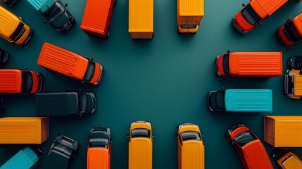 Poster - Aerial perspective capturing the synchronized maneuvers of a choreographed fleet of delivery vans amidst the vibrant modern and futuristic landscape of an industrial logistics hub