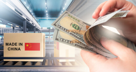 Poster - Made in China. Cardboard box on conveyor belt. Money for purchasing goods in China. Conducting PRC business. Automated distribution center in China. Made in PRC. Trade with people republic of Chinese