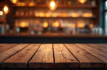 Poster - Empty wooden table top with blurred bar background featuring bokeh lights. Rustic plank tabletop in dark interior, ideal for product montage, showcase in cafes, restaurants. Vintage wood counter