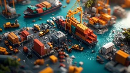 Poster - Aerial perspective of a sprawling logistics hub with massive freight trucks rail cars and container ships efficiently transporting cargo across a dynamic urban landscape of warehouses