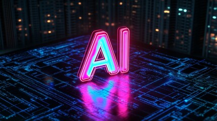 Aufkleber - Neon glowing AI letters on digital circuit board in futuristic server room, technology and innovation concept