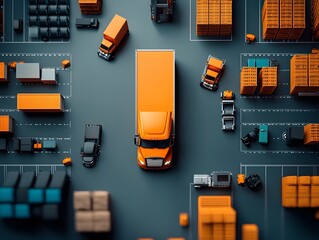 Poster - aerial view of a bustling logistics hub with semi trucks maneuvering between towering warehouses and