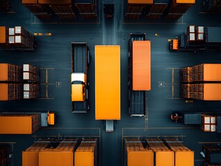 Poster - Aerial View of a Bustling Logistics Hub with Semi Trucks Maneuvering Between Towering Warehouses and Loading Bays