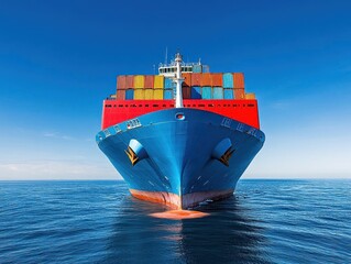 Poster - Large container ship navigating calm blue ocean, maritime transport, global shipping