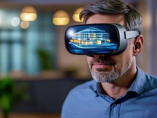 Poster - Man wearing VR headset viewing a futuristic holographic building model in a modern office at night