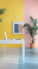 Poster - Modern workspace featuring a sleek laptop on a minimalist desk surrounded by office essentials