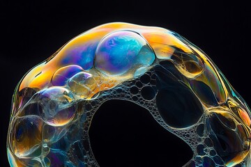 Poster - Abstract iridescent soap bubble with smaller bubbles inside, isolated on black background.
