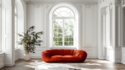 Aufkleber - Stylish room with red sofa, window light and plant. Modern living space, interior design, home decor
