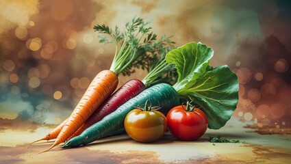 Poster - colorful assortment of fresh vegetables arranged artistically on a rustic surface with a dreamy back