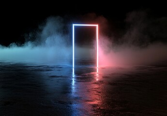 Poster - A 3D rendering features a blue and pink neon abstract background that includes a glowing arch, rectangular shape, ultraviolet light, and a laser show performance stage with wall reflection