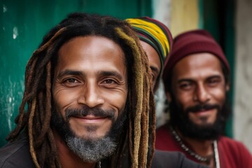 Smiling rastafarian men with dreadlocks and reggae colors posing together