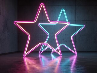 Poster - A 3D rendering featuring an ultraviolet neon star shape with glowing lines, resembling a portal or tunnel, set against a virtual reality and abstract fashion background with violet neon lights, an