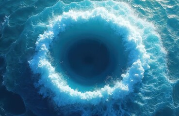 Leinwandbilder - Aerial view of ocean blue deep water with round whirlpool. Foamy waves texture. Clean, turquoise sea liquid surface with motion. Summer nature background illustration. Freshness and purity concept.