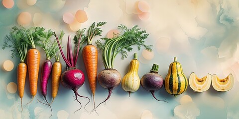 Poster - freshly harvested vegetables arranged artistically on a colorful background showcasing vibrant color