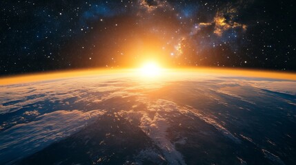 Poster - Sunrise over earth from space with glowing horizon and starry sky. Outer space exploration and cosmic wonder concept