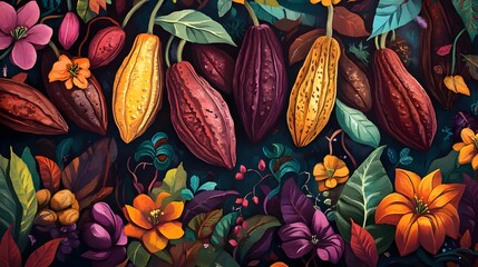 Leinwandbilder - Vibrant and Colorful Tropical Foliage and Cocoa Pods Against a Lush Rainforest Background  Closeup of Exotic Flora Fruits and Leaves in a Rich Textured Pattern