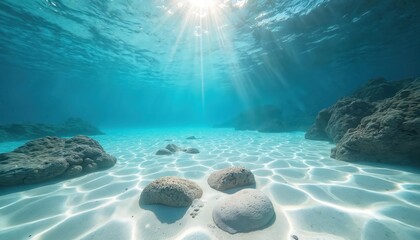 Aufkleber - Tropical blue ocean of Hawaii features white sand, underwater stones. Serene ocean scene shows sunlight through water creating patterns on the sand. Clear water and rocky formations.