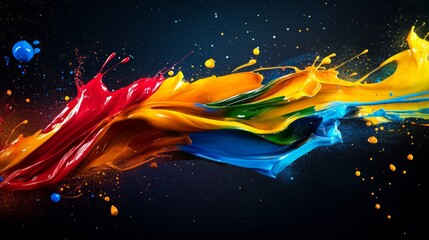 Poster - Vibrant splash of multicolored paint on dark background, dynamic and artistic expression. Abstract art and creativity concept