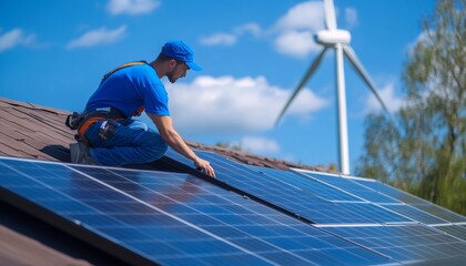 Wall Mural - man in blue shirt and cap installing solar panels on roof with wind turbine in sunny background