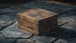© A B I G A I L - Rustic wooden box outdoors on stone, sunlight background, product display