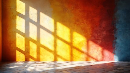 Aufkleber - Sunlight through window casts shadows on colorful wall, creating abstract art interior