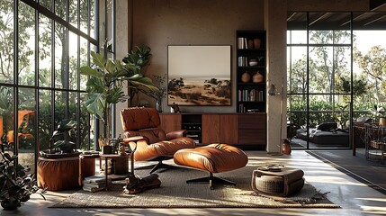 Poster - Sunlit modern living room with leather armchair,  large windows, and nature views.  Home decor