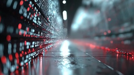 Poster - The image is a 3D render of an abstract background that incorporates glowing neon panels in the dark, with a gradient of red and blue hues