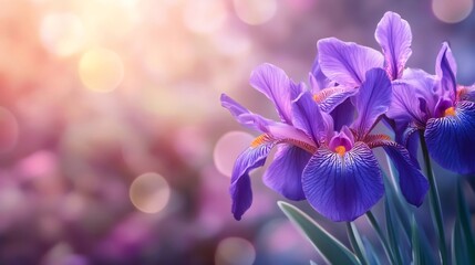 Poster - Beautiful purple iris flowers blooming in spring garden with soft bokeh background