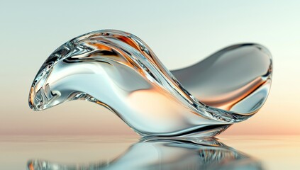 Poster - A holographic shape in motion is depicted in an abstract 3D render, set against a seascape backdrop with a glass ribbon on the water, creating a unique digital art piece suitable for banner