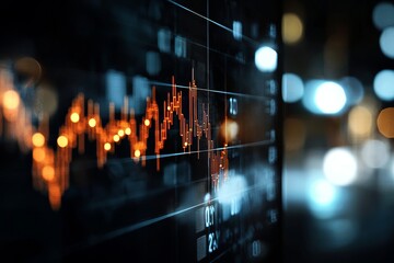 Poster - The concept of the stock market and fintech forex is depicted in a futuristic financial interface with blurry blue digital charts over a dark blue background in a 3d render illustration