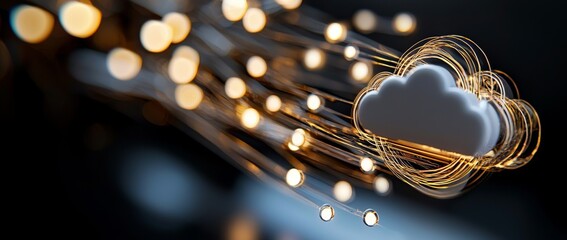 Poster - The idea of cloud service and internet of things is depicted in a 3D rendering mockup with a dark blank wallpaper, digital cloud symbol, and various technological icons