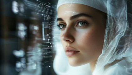 Poster - A female surgeon, dressed in a white coat and wearing a stethoscope and surgical cap, examines data displayed on a digital screen, representing medical technology innovation, as depicted in a 3D