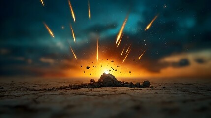 Poster - Breathtaking scene of glowing meteor showers illuminating the night sky with a deep dark void at the center of the cosmic landscape