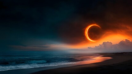 Poster - Breathtaking solar eclipse glowing on the horizon with golden corona light and smooth gradient sky over the tranquil ocean beach at dramatic dusk