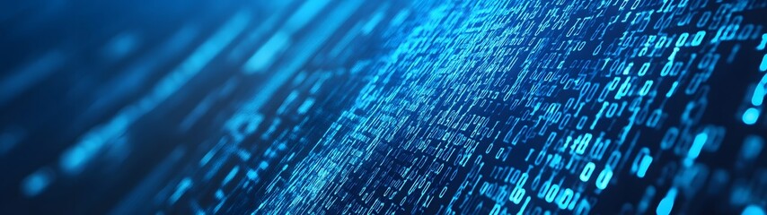 Poster - Vibrant blue digital data network background depicting the complexity and interconnectedness of modern technology and information systems  The image showcases a digital landscape of binary code