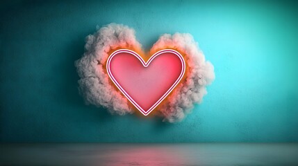 Poster - Bright neon pink heart light glowing symmetrically against a modern cyber inspired aesthetic background  The minimalist design creates a captivating and vibrant digital art composition