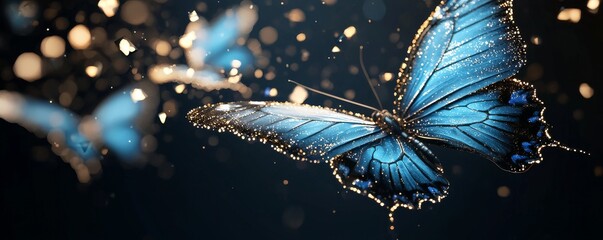 Poster - A large, stunningly beautiful fairy winged fantasy creature, resembling a butterfly with crystal glass glitter, perches on a light blue stone, casting a shadow on the natural surroundings, with its