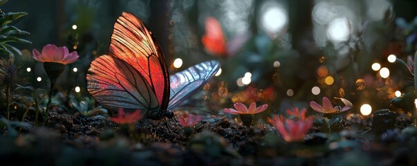 Poster - The insect, a butterfly with vibrant fairy wings, is perched on a garden, showcasing its geometric angles and casting a shadow on the natural surroundings in a stunning fantasy abstract paint 3D