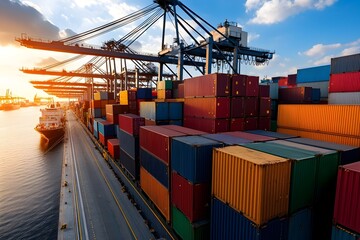 Poster - Bustling port terminal brimming with orderly rows of multicolored shipping containers large freight ships moored along the quay and towering industrial cranes precisely loading and unloading cargo