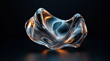 Poster - A dark background sets the stage for a mesmerizing 3D render of a curved wave in motion, showcasing abstract liquid glass with a holographic, iridescent, and neon aesthetic, ideal for designing