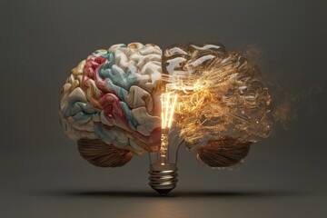 Poster - A 3D illustration on a dark background featuring a creative lightbulb with a dark and colorful brain symbolizes the generation and growth of powerful ideas