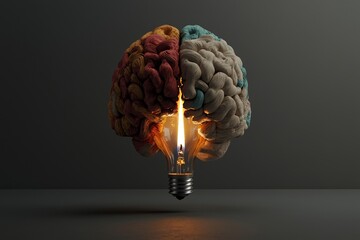 Poster - The concept of a powerful idea is represented by a 3D illustration of a creative lightbulb with a dark and colorful brain on a dark background, conveying growth and generation